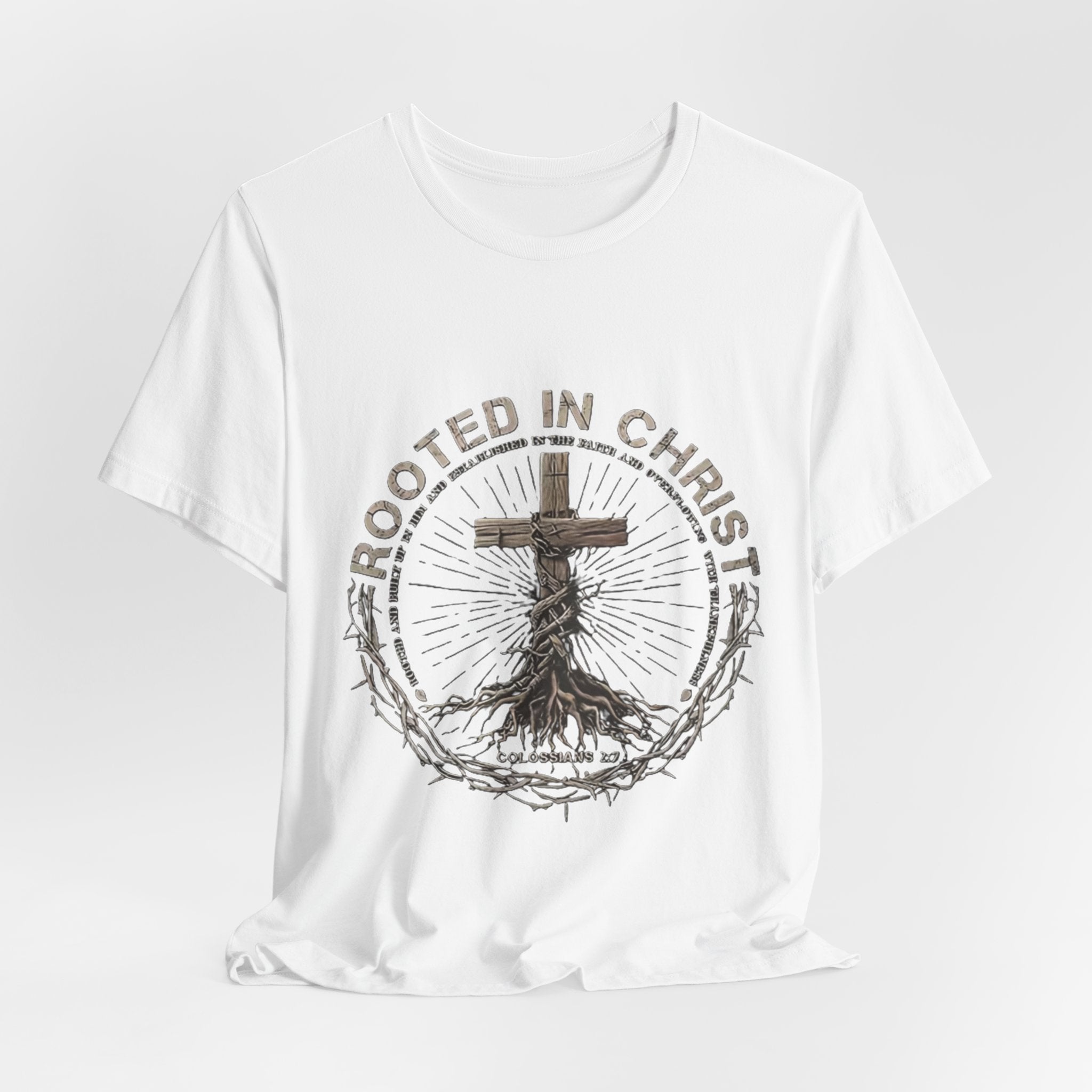 Rooted in Christ T-Shirt — Christian Cross & Roots Faith Tee